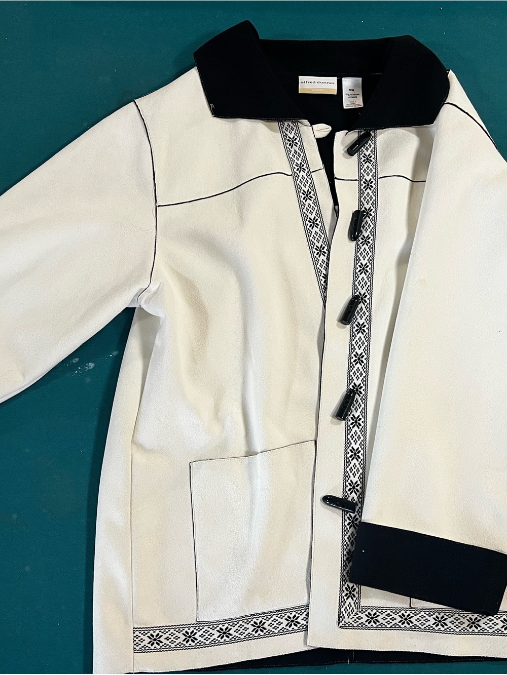 Alfred Dunner White Coat with Black Trim and Toggle Closures